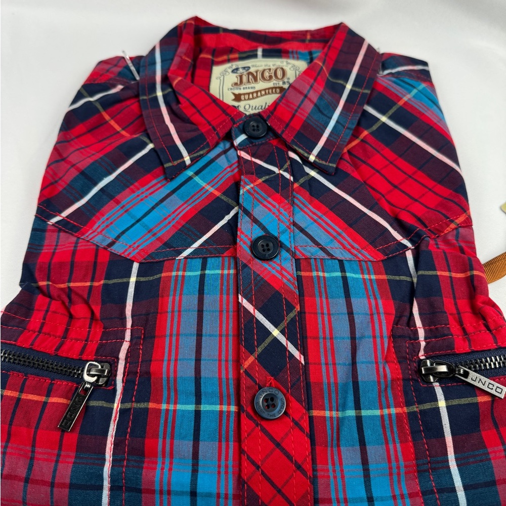 JNCO men’s casual button down shirt, red and blue. Large